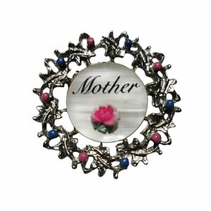 Vintage Silvertone Wreath "Mother" Brooch with Pink and Blue Details